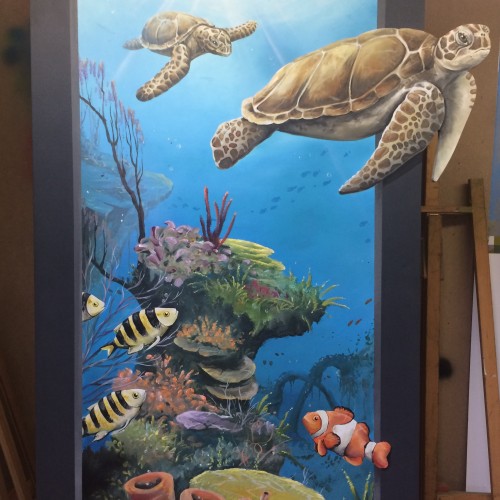 3D paneelschildering onder water.