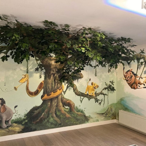 Muurschildering Jungle met 3D boom